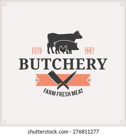 Butcher Shop Logo, Meat Label Template with Farm Animals Silhouettes and Knives