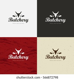 Butcher Shop Logo, Meat Label Template with Farm Animals Silhouettes and Knives