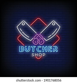 Butcher Shop Logo Neon Signs Style Text Vector