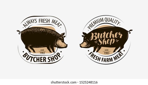 Butcher shop or butcher logo. Pig for pork label. Vector illustration