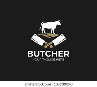 Butcher shop logo template. Cow and meat cleaver knife vector design. Butchery logotype
