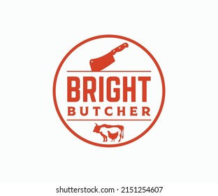 Butcher Shop Logo Template. Cow and Meat Cleaver Knife Vector Design  Template.