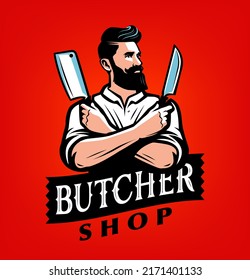 Butcher Shop Logo-Vektorgrafik. Agrarfleisch-Emblem. Küchenchef, der Messer hält, die für die Speisekarte des Restaurants geputzt sind