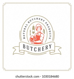 Butcher shop logo vector illustration. Chef holding meat silhouette, good for farmer or restaurant badge. Vintage typography emblem design. Butcher shop logo vector illustration. Chef holding meat silhouette, good for farmer or restaurant badge. Vintage typography emblem design.
