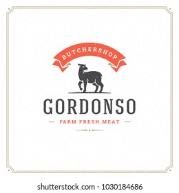 Butcher shop logo vector illustration. Lamb head silhouette, good for farm or restaurant badge. Vintage typography emblem design.