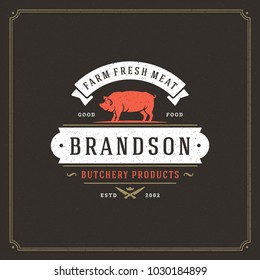 Butcher shop logo vector illustration. Pig silhouette, good for farm or restaurant badge. Vintage typography emblem design.