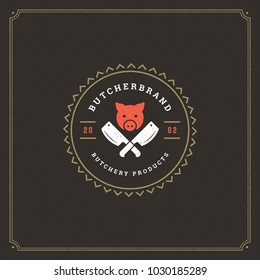 Butcher shop logo vector illustration. Pig head silhouette, good for farm or restaurant badge. Vintage typography emblem design.