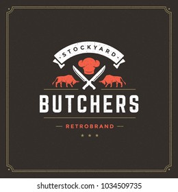 Butcher shop logo vector illustration. Bulls silhouettes, good for farm or restaurant badge. Vintage typography emblem design.