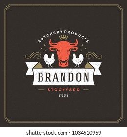 Butcher shop logo vector illustration. Cow head silhouette, good for farm or restaurant badge. Vintage typography emblem design.