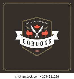 Butcher shop logo vector illustration. Sheep silhouette, good for farm or restaurant badge. Vintage typography emblem design.