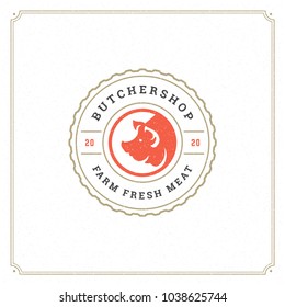 Butcher shop logo vector illustration. Pig head silhouette, good for farm or restaurant badge. Vintage typography emblem design.