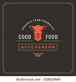 Butcher shop logo vector illustration. Lamb head silhouette, good for farm or restaurant badge. Vintage typography emblem design.