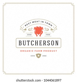 Butcher shop logo vector illustration. Chicken silhouette, good for farm or restaurant badge. Vintage typography emblem design.