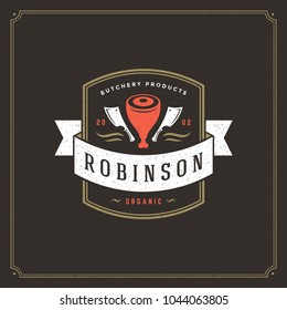Butcher Shop Logo Vektorillustration Illustration. Fleisch Steak Silhouette, gut für Farm oder Restaurant Abzeichen. Vintage-Typografie-Emblem-Design.