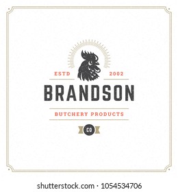 Butcher shop logo vector illustration. Rooster head silhouette, good for farm or restaurant badge. Vintage typography emblem design.