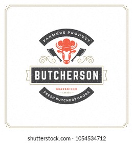 Butcher shop logo vector illustration. Cow head silhouette, good for farm or restaurant badge. Vintage typography emblem design.