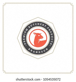 Butcher shop logo vector illustration. Lamb head silhouette, good for farm or restaurant badge. Vintage typography emblem design.