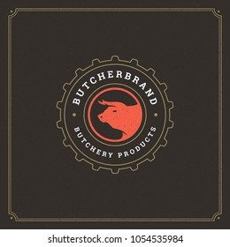 Butcher shop logo vector illustration. Bull head silhouette, good for farm or restaurant badge. Vintage typography emblem design.