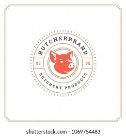 Butcher shop logo vector illustration. Pig head silhouette, good for farm or restaurant badge. Vintage typography emblem design.