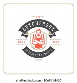 Butcher shop logo vector illustration. Chef holding knifes silhouette, good for farmer or restaurant badge. Vintage typography emblem design.