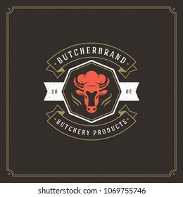 Butcher shop logo vector illustration. Cow head silhouette, good for farm or restaurant badge. Vintage typography emblem design.