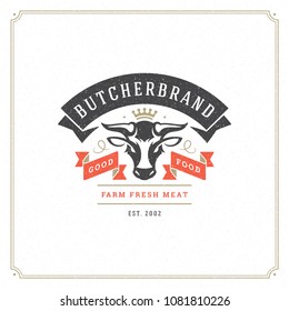 Butcher shop logo vector illustration. Bull head silhouette, good for farm or restaurant badge. Vintage typography emblem design.