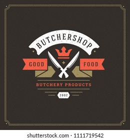 Butcher shop logo vector illustration. Knifes silhouettes, good for farm or restaurant badge. Vintage typography emblem design.