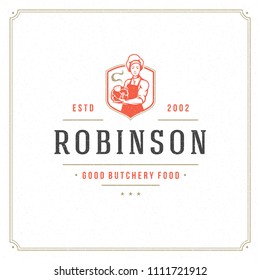 Butcher shop logo vector illustration. Chef holding meat silhouette, good for farmer or restaurant badge. Vintage typography emblem design.