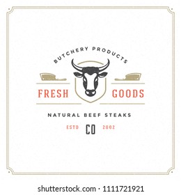 Butcher shop logo vector illustration. Cow head silhouette, good for farm or restaurant badge. Vintage typography emblem design.