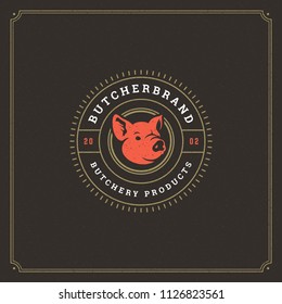 Butcher shop logo vector illustration. Pig head silhouette, good for farm or restaurant badge. Vintage typography emblem design.