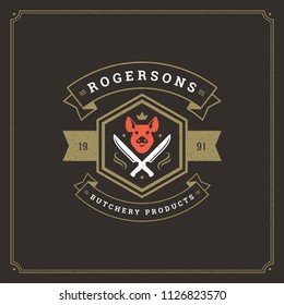 Butcher shop logo vector illustration. Pig head silhouette, good for farm or restaurant badge. Vintage typography emblem design.