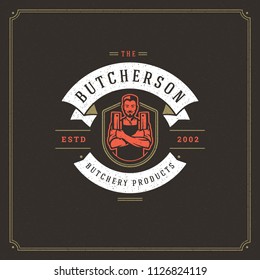 Butcher shop logo vector illustration. Chef holding knifes silhouette, good for farmer or restaurant badge. Vintage typography emblem design.