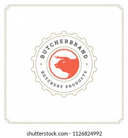 Butcher shop logo vector illustration. Bull head silhouette, good for farm or restaurant badge. Vintage typography emblem design.