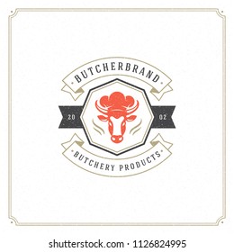 Butcher shop logo vector illustration. Cow head silhouette, good for farm or restaurant badge. Vintage typography emblem design.