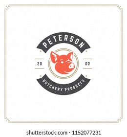 Butcher shop logo vector illustration. Pig head silhouette, good for farm or restaurant badge. Vintage typography emblem design.