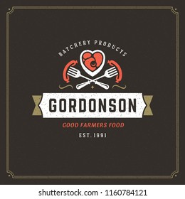 Butcher shop logo vector illustration. Meat steak silhouette, good for farm or restaurant badge. Vintage typography emblem design.