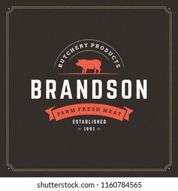 Butcher shop logo vector illustration. Pig silhouette, good for farm or restaurant badge. Vintage typography emblem design.