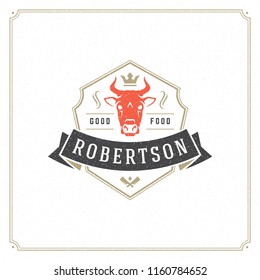 Butcher shop logo vector illustration. Cow head silhouette, good for farm or restaurant badge. Vintage typography emblem design.