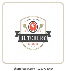 Butcher shop logo vector illustration. Meat steak silhouette, good for farm or restaurant badge. Vintage typography emblem design.