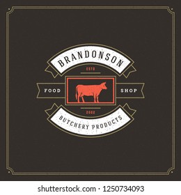 Butcher shop logo vector illustration. Cow silhouette, good for farm or restaurant badge. Vintage typography emblem design.