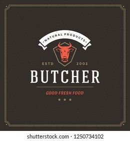 Butcher shop logo vector illustration. Cow head silhouette, good for farm or restaurant badge. Vintage typography emblem design.