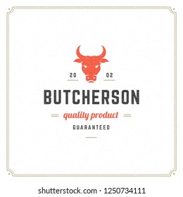Butcher shop logo vector illustration. Cow head silhouette, good for farm or restaurant badge. Vintage typography emblem design.