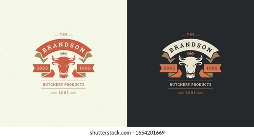 Butcher shop logo vector illustration cow head silhouette good for farm or restaurant badge. Vintage typography emblem design.