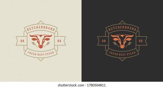 Butcher shop logo vector illustration bull head silhouette good for farm or restaurant badge. Vintage typography emblem design.
