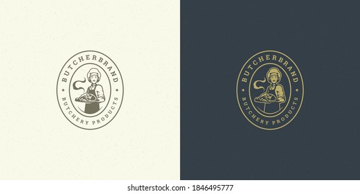 Butcher shop logo vector illustration chef holding meat dish silhouette good for farmer or restaurant badge. Vintage typography emblem design.