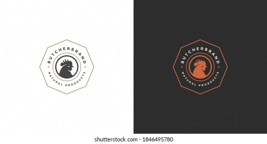 Butcher shop logo vector illustration rooster head silhouette good for poultry farm or restaurant badge. Vintage typography emblem design.