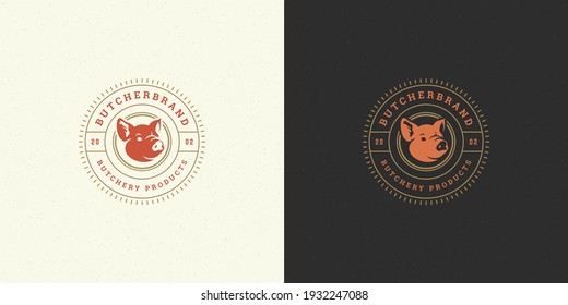 Butcher shop logo vector illustration pig head silhouette good for farm or restaurant badge. Vintage typography emblem design.