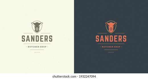 Butcher shop logo vector illustration lamb head silhouette good for farm or restaurant badge. Vintage typography emblem design.