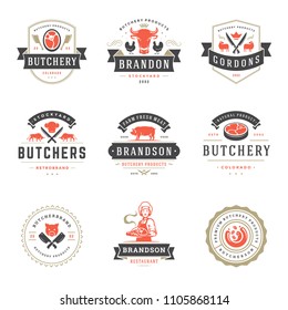 Butcher shop logos design templates set vector illustration. Good for farm and restaurant badges, animals and meat silhouettes.