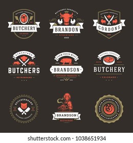 Butcher shop logos set vector illustration. Good for farm and restaurant badges, animals and meat silhouettes. Retro typography emblems design.